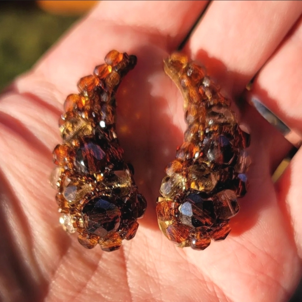 VTG RARE Coppola e Toppo Paisley Cognac Crystal Clip-On Earrings • Made In Italy